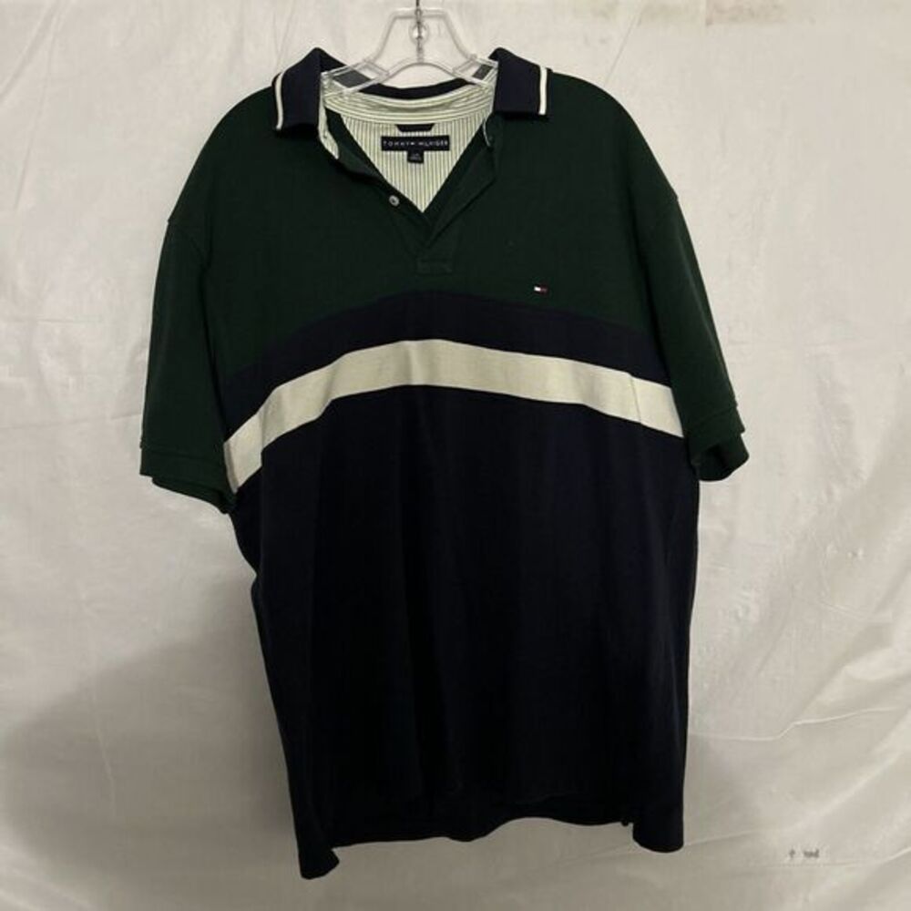 TOMMY HILFIGER Sz L‎ Navy, Green & White Striped Polo Shirt